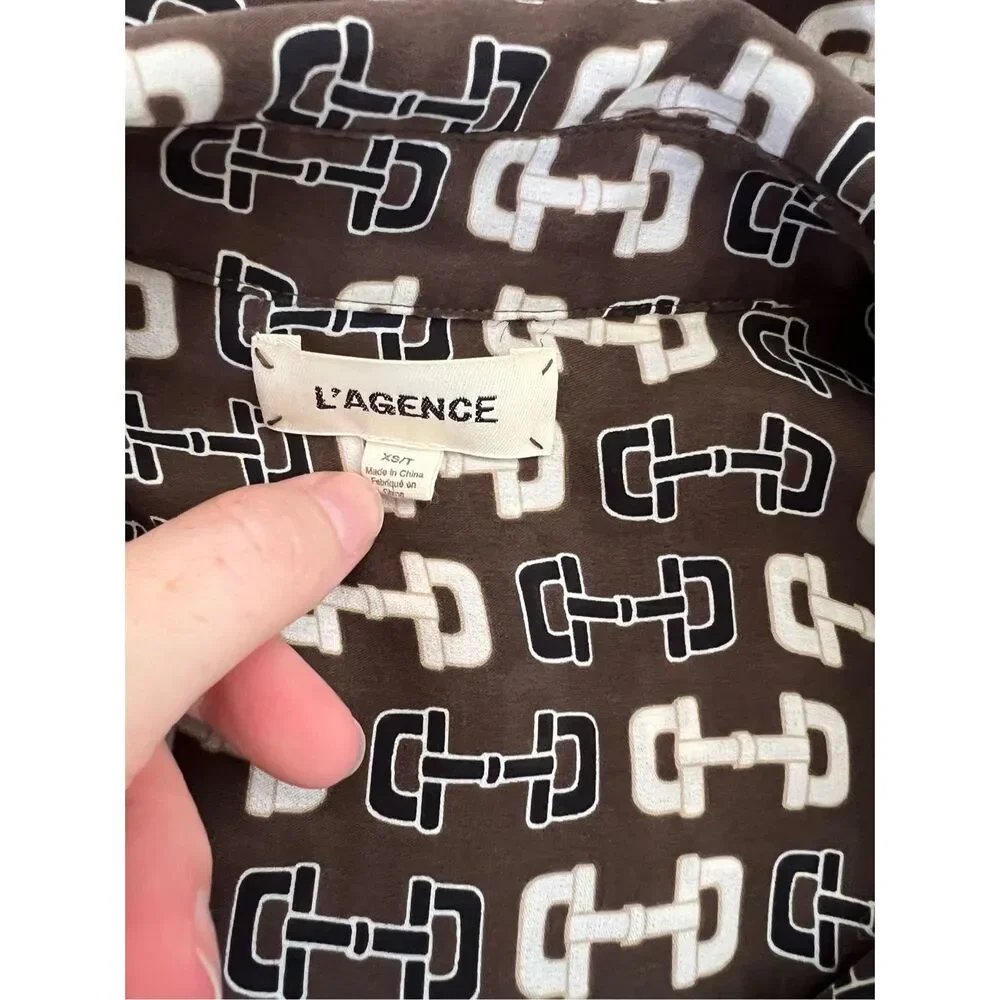 L'Agence Nina Horsebit Brown Ivory Buckle Print Button-Up Silk Blouse Size XS - Picture 7 of 9